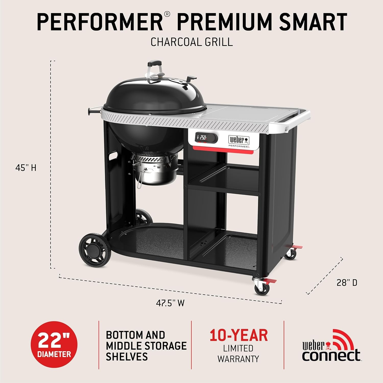 image:imageWeber Performer 22Inch Premium Smart Charcoal Grill for Outdoor Cooking Black PorcelainEnameled Finish WiFi Enabled with Prep Table Weber Works Side Table amp Side Rail KettleBlack