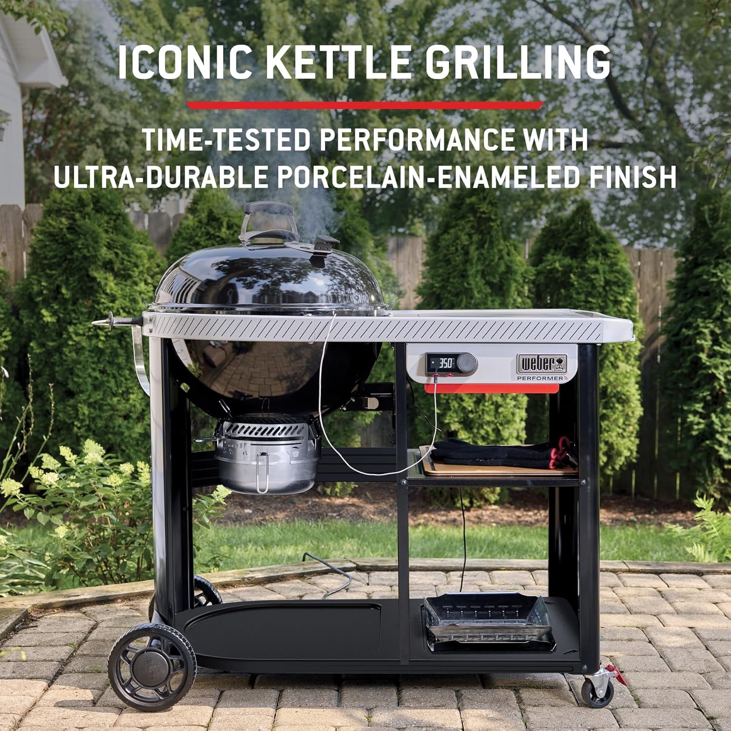 image:imageWeber Performer 22Inch Premium Smart Charcoal Grill for Outdoor Cooking Black PorcelainEnameled Finish WiFi Enabled with Prep Table Weber Works Side Table amp Side Rail KettleBlack