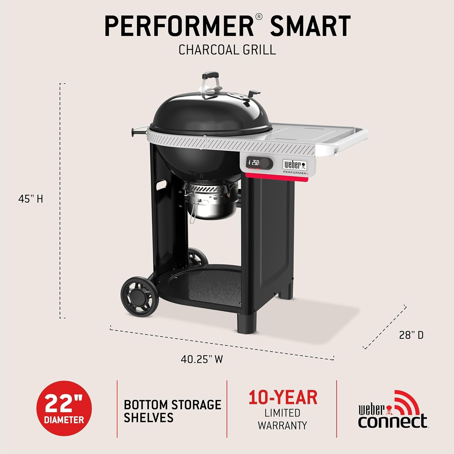 image:imageWeber Performer 22Inch Premium Smart Charcoal Grill for Outdoor Cooking Black PorcelainEnameled Finish WiFi Enabled with Prep Table Weber Works Side Table amp Side Rail KettleBlack