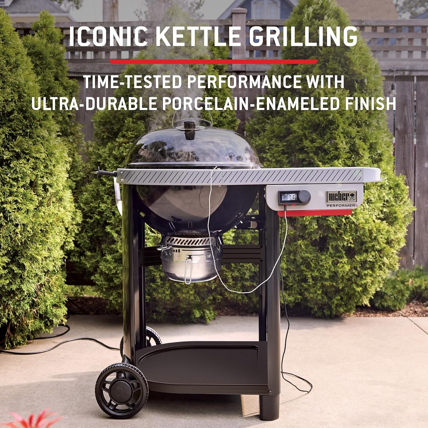 image:imageWeber Performer 22Inch Premium Smart Charcoal Grill for Outdoor Cooking Black PorcelainEnameled Finish WiFi Enabled with Prep Table Weber Works Side Table amp Side Rail KettleBlack
