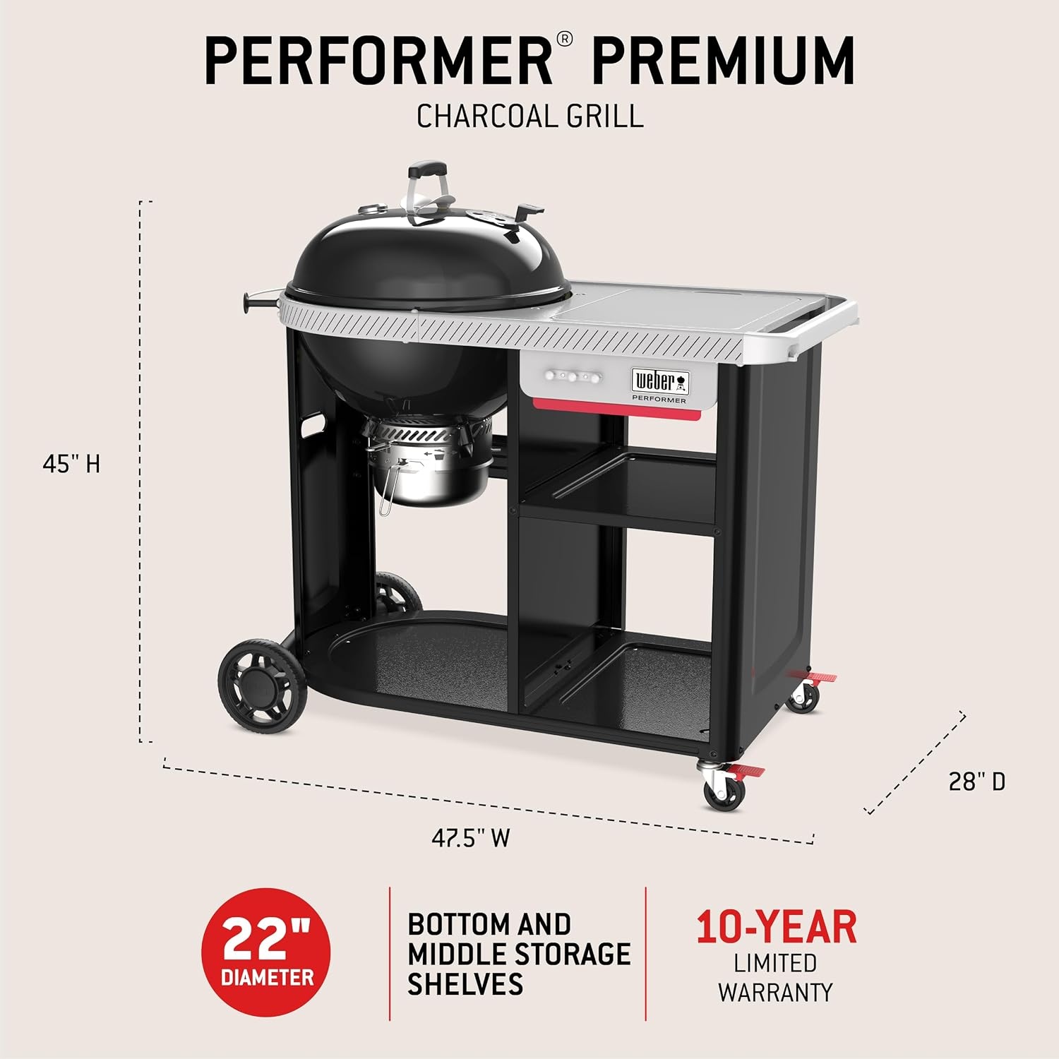 image:imageWeber Performer 22Inch Premium Smart Charcoal Grill for Outdoor Cooking Black PorcelainEnameled Finish WiFi Enabled with Prep Table Weber Works Side Table amp Side Rail KettleBlack