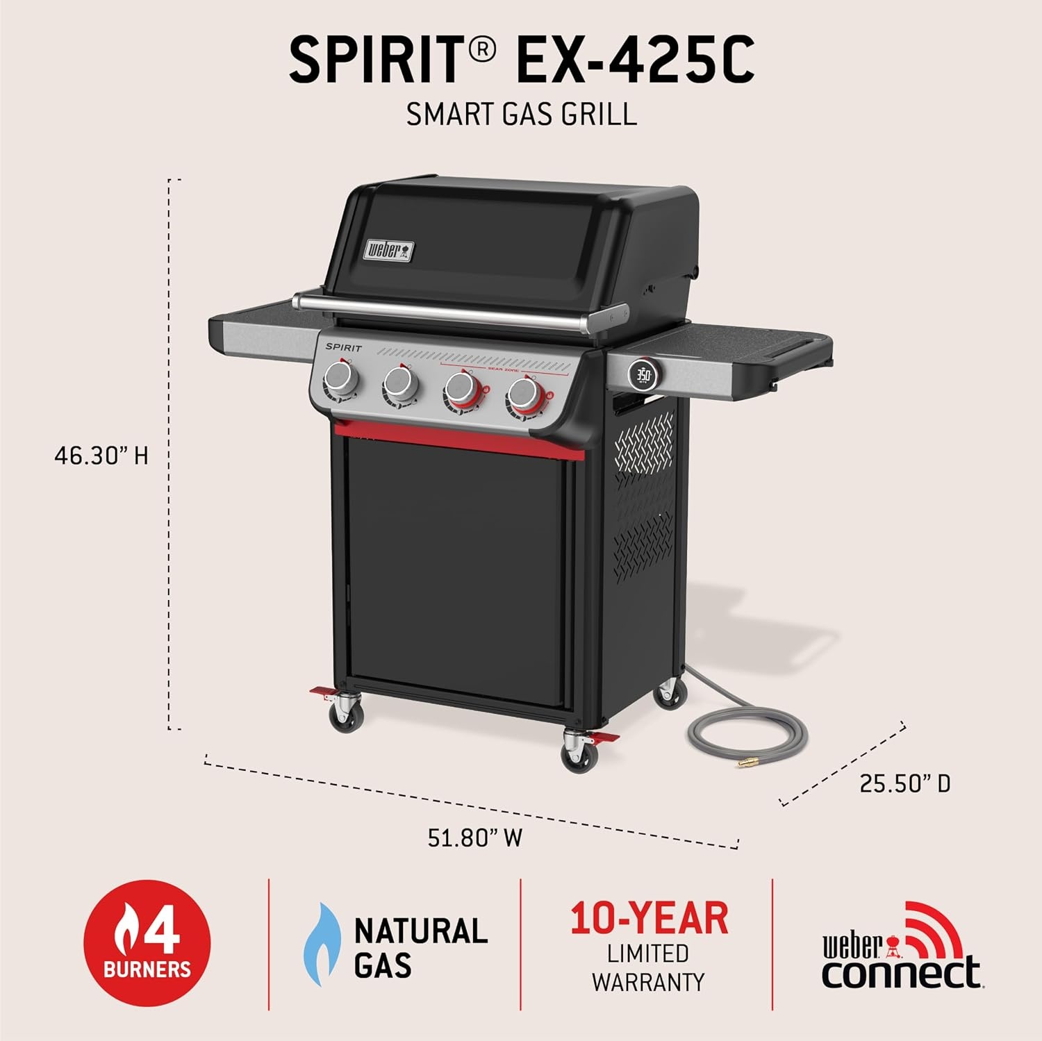 image:imageWeber Spirit EX425C Smart Gas Grill Natural Gas for Outdoor Cooking 4 Burners with 2 Boost Burners WiFi Enabled Grill PorcelainEnameled CastIron Grates Sear Zone amp Weber ConnectBlack