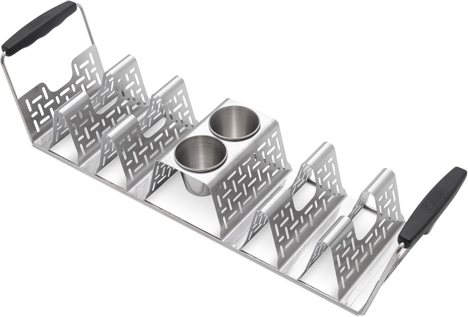 image:imageWeber Taco Rack StainlessSteel Taco Holder for 6 Tacos with Silicone Handles amp BuiltIn Sauce Cups