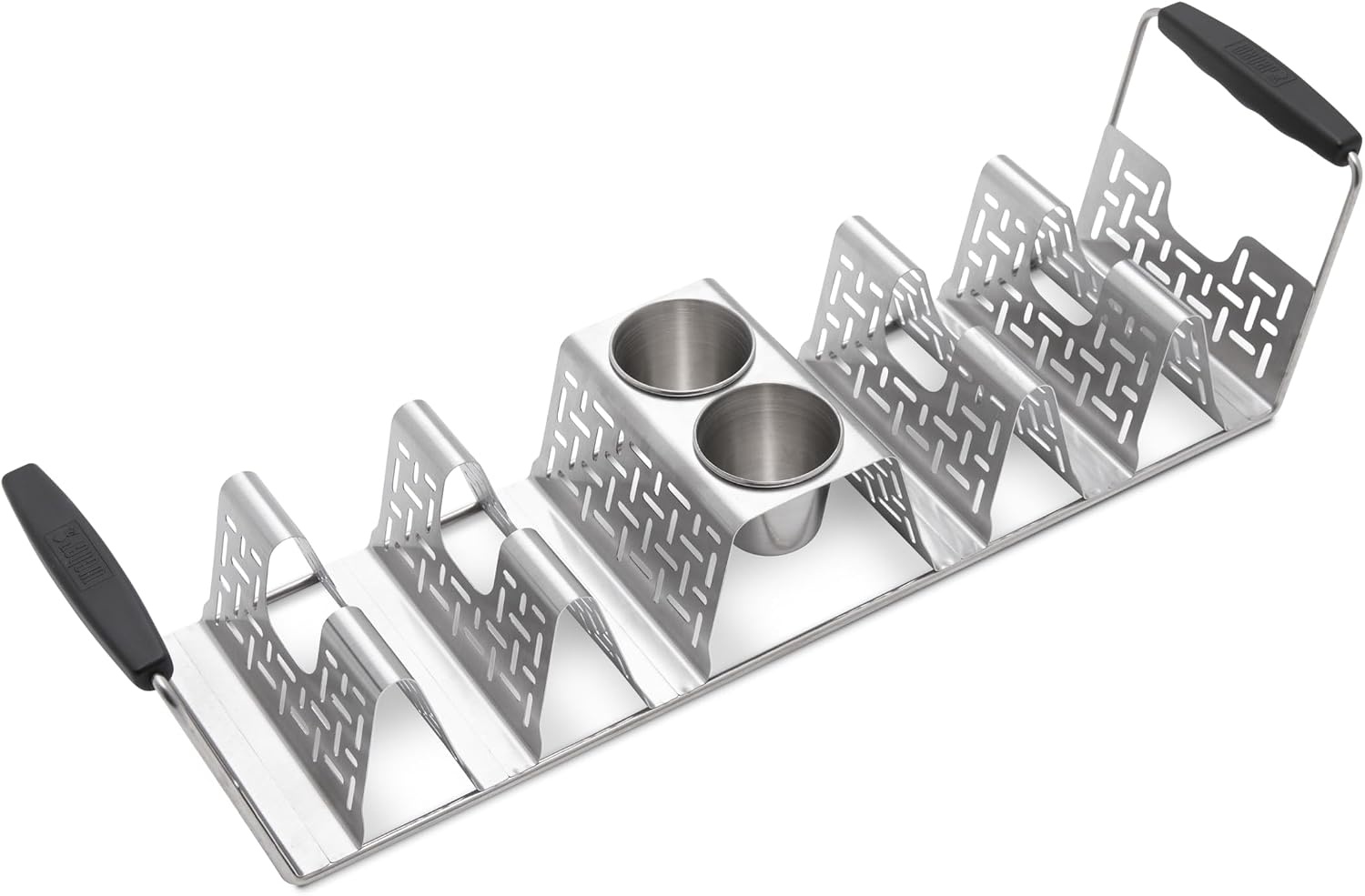 image:imageWeber Taco Rack StainlessSteel Taco Holder for 6 Tacos with Silicone Handles amp BuiltIn Sauce Cups