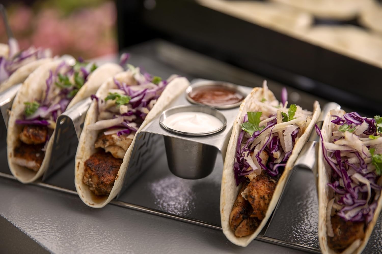 image:imageWeber Taco Rack StainlessSteel Taco Holder for 6 Tacos with Silicone Handles amp BuiltIn Sauce Cups