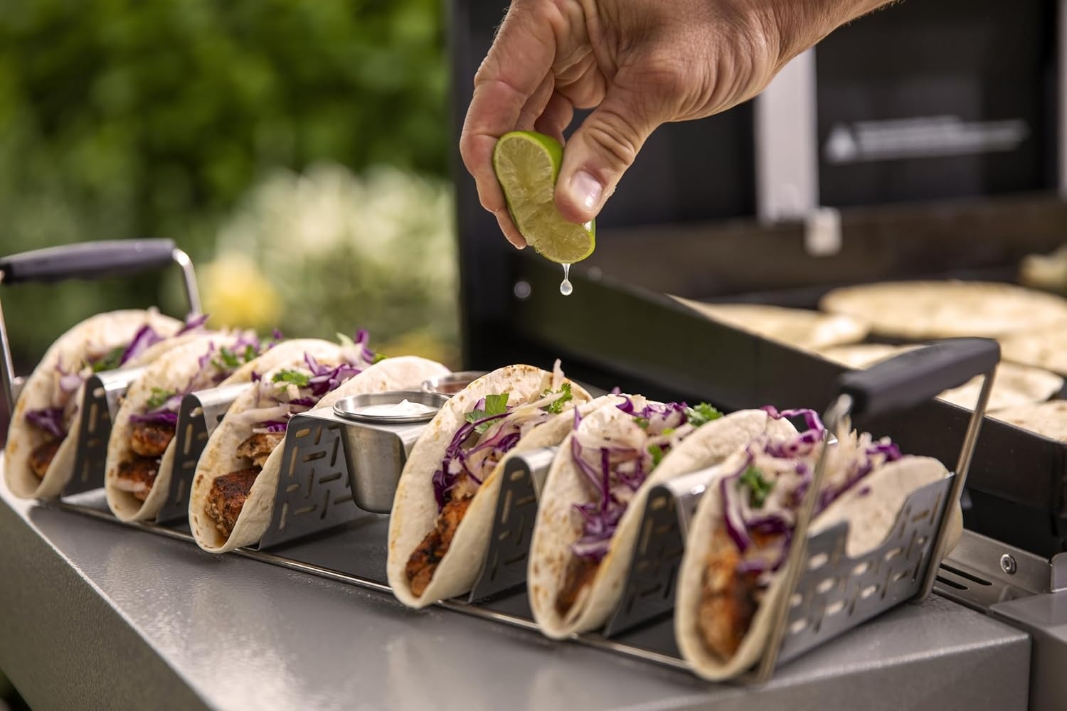image:imageWeber Taco Rack StainlessSteel Taco Holder for 6 Tacos with Silicone Handles amp BuiltIn Sauce Cups