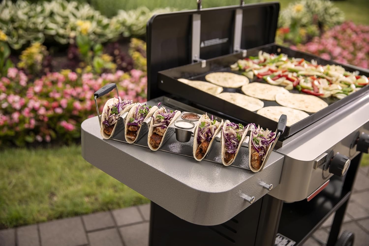 image:imageWeber Taco Rack StainlessSteel Taco Holder for 6 Tacos with Silicone Handles amp BuiltIn Sauce Cups