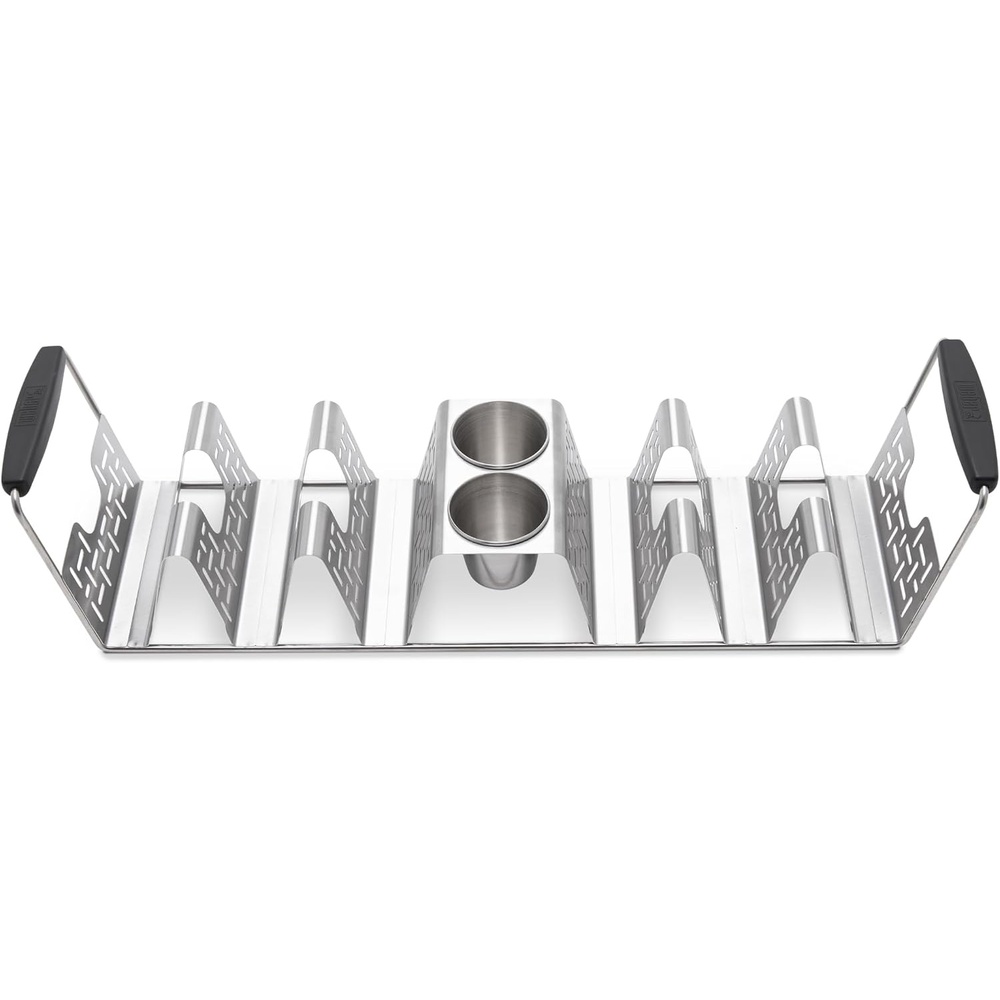 image:imageWeber Taco Rack  StainlessSteel Taco Holder for 6 Tacos with Silicone Handles amp BuiltIn Sauce Cups