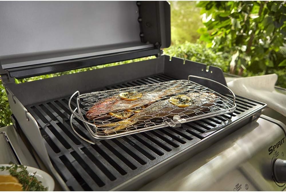 image:imageWeber Large Fish amp Veggie Grilling Basket Stainless Steel for Gourmet GrillingEasy Open Packaging