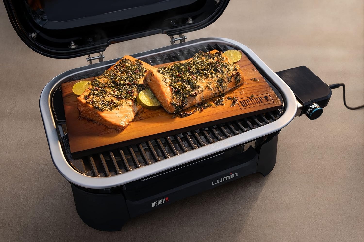 image:imageWeber Lumin Compact Outdoor Electric Barbecue Grill Light Blue Great Small Spaces such as Patios Balconies and Decks Portable and ConvenientDeep Ocean Blue