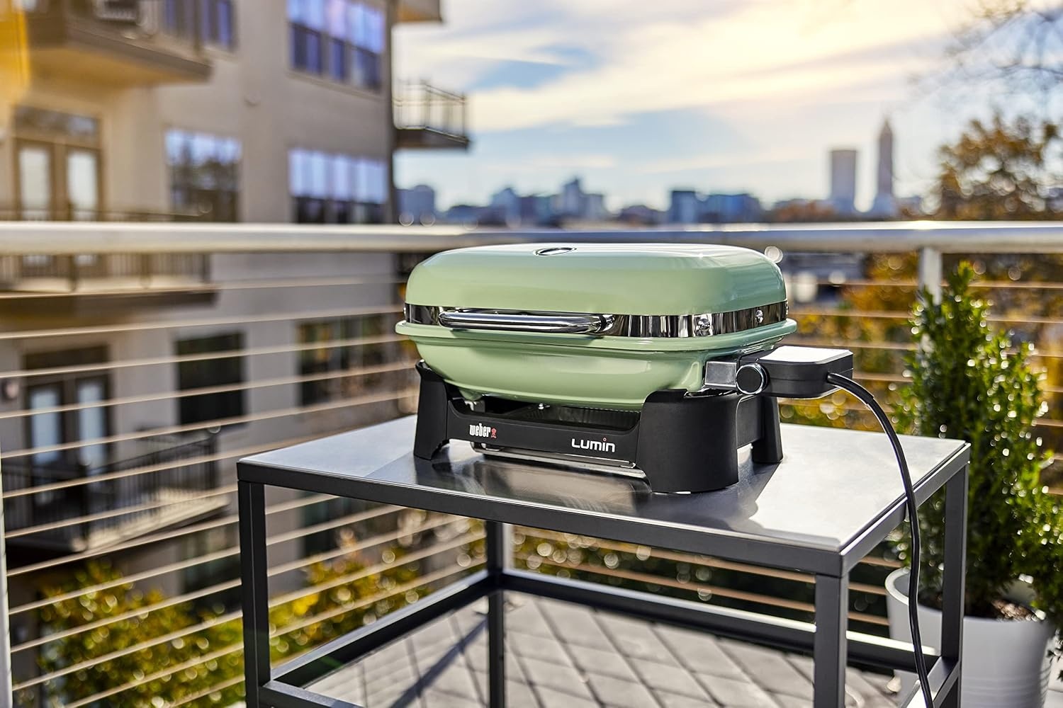 image:imageWeber Lumin Compact Outdoor Electric Barbecue Grill Light Blue Great Small Spaces such as Patios Balconies and Decks Portable and ConvenientLight Green
