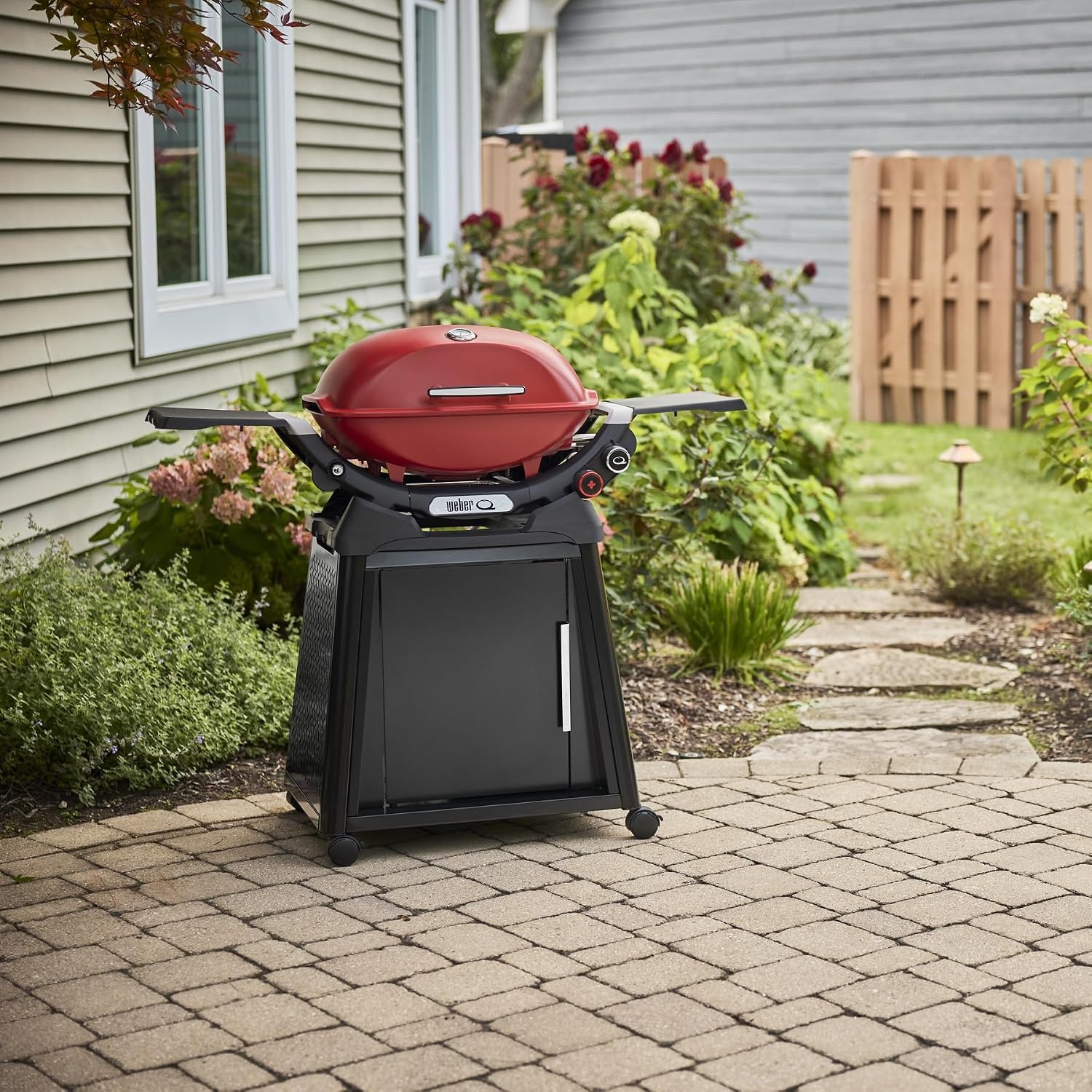 image:imageWeber Q 2800N Liquid Propane Grill with Stand Flame Red Wide 250700F Temp Range with Plus Burner for Searing LowTemp Roasting amp HighDome LidFlame Red