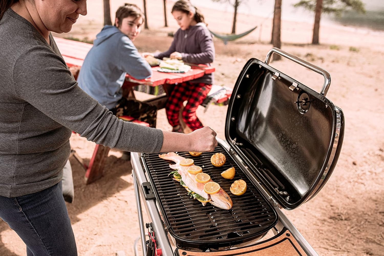 image:imageWeber Traveler Portable Liquid Propane Gas Grill for Camping and Travel 1 Burner BlackRed