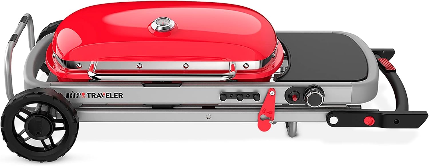image:imageWeber Traveler Portable Liquid Propane Gas Grill for Camping and Travel 1 Burner BlackRed