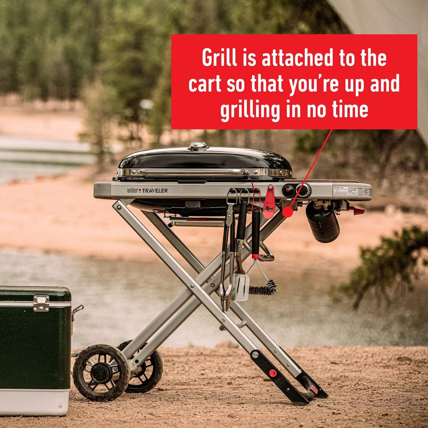 image:imageWeber Traveler Portable Liquid Propane Gas Grill for Camping and Travel 1 Burner BlackRed