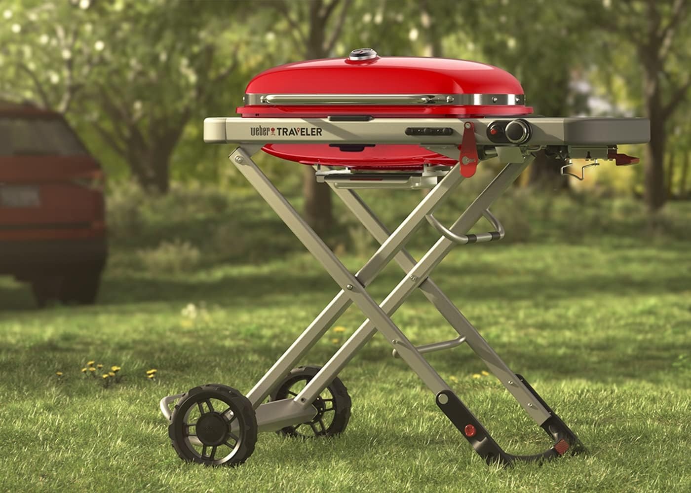 image:imageWeber Traveler Portable Liquid Propane Gas Grill for Camping and Travel 1 Burner BlackRed
