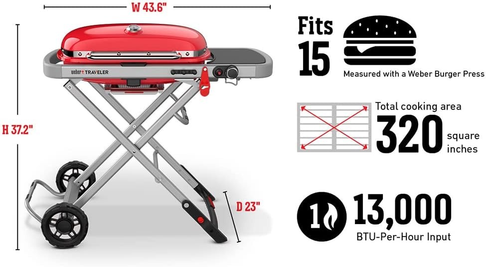image:imageWeber Traveler Portable Liquid Propane Gas Grill for Camping and Travel 1 Burner BlackRed