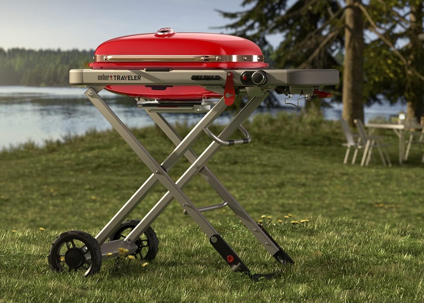 image:imageWeber Traveler Portable Liquid Propane Gas Grill for Camping and Travel 1 Burner BlackRed